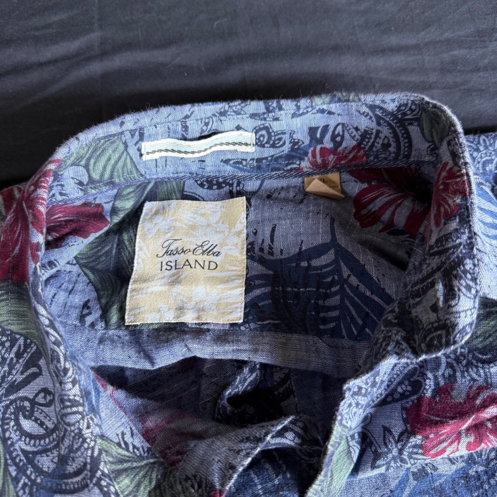 Tasso Elba Island Mens XL Blue Tropical Floral Paisley Cotton Button Up Shirt - Picture 7 of 8